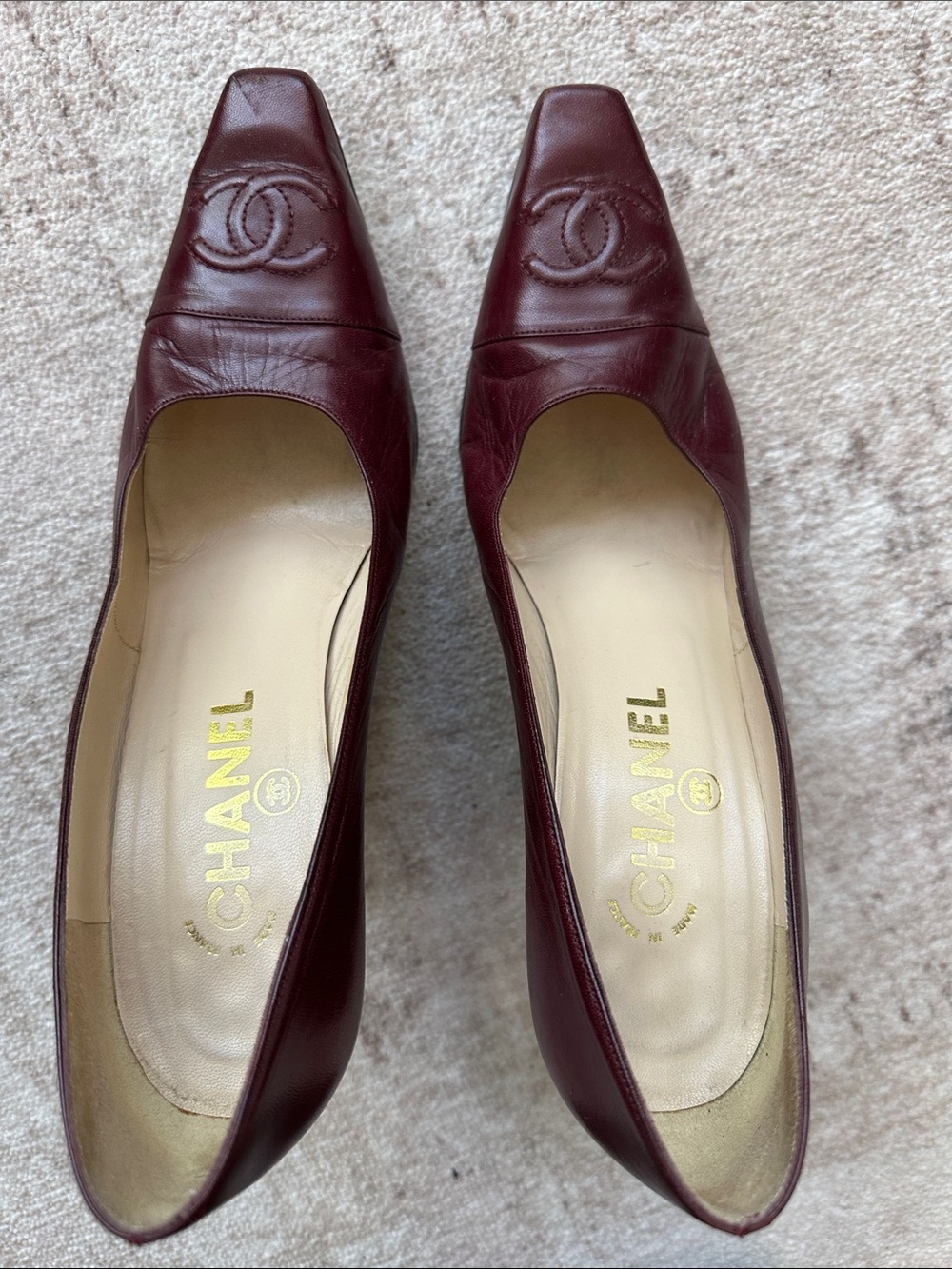 CHANEL Burgundy Leather Square-Toe Low Block Heel Pumps